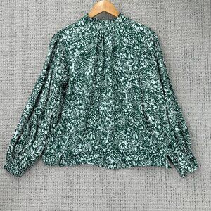 Lusana Blouse Womens Size S Green Long Sleeve Floral Leafs Print Keyhole